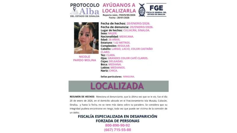 La Fiscalía de Sinaloa activó el Protocolo Alba para localizar a la influencer Nicolette, reportada como desaparecida en Culiacán./ Fiscalía