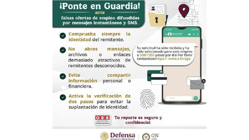 La Guardia Nacional alertó sobre fraudes cometidos mediante falsas ofertas de empleo que circulan a través de mensajes de WhatsApp./ Defensa