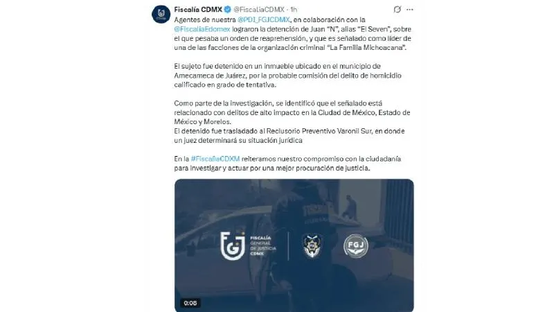 La captura de El Seven se realizó por agentes de la Policía de Investigación en un inmueble del Estado de México./ Fiscalía CDMX