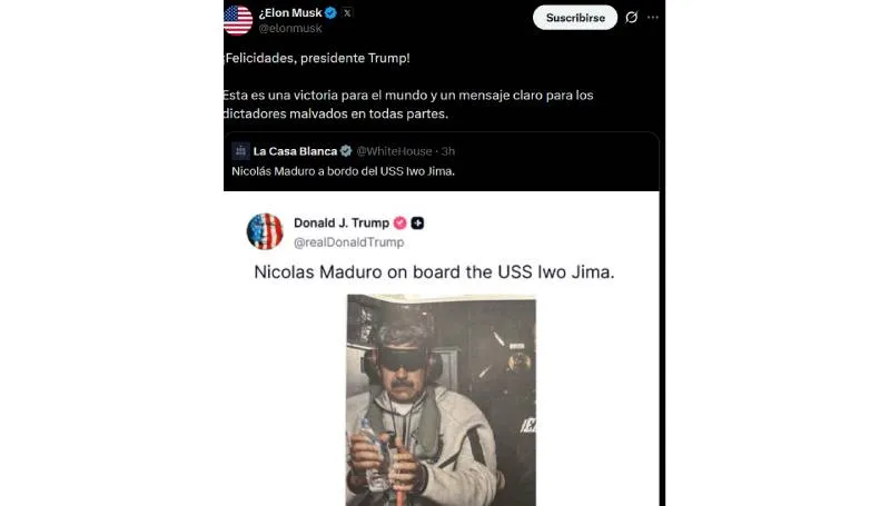 Captura de pantalla del tuit de Musk donde se refiere a la noticia difundida por Estados Unidos. / X