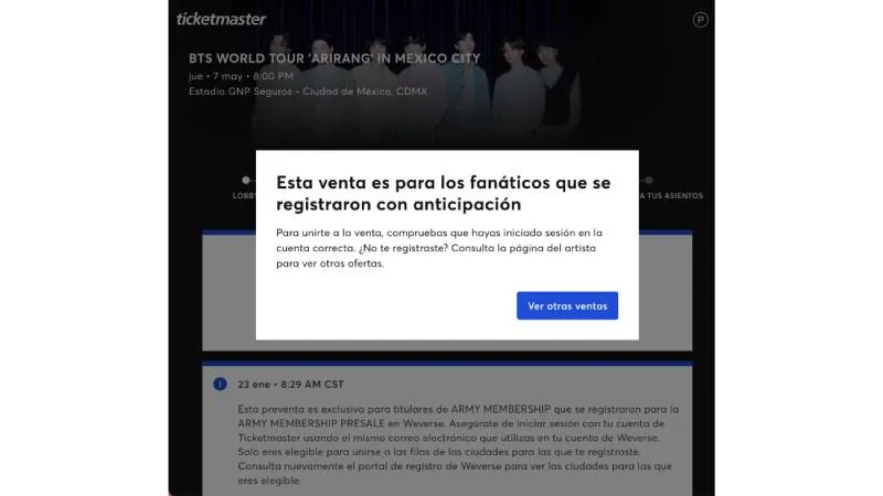 En Ticketmaster los boletos se acabaron en cuestión de minutos/Ticketmaster