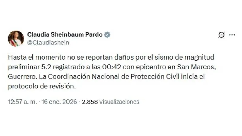 La presidenta Claudia Sheinbaum señala que no se reportan daños hasta el momento/X: @Claudiashein