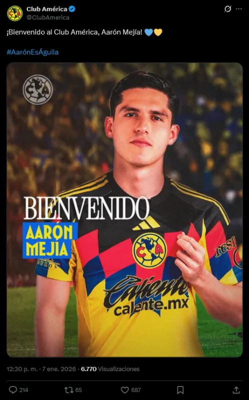 América anuncia a Aarón Mejía | X: @ClubAmerica
