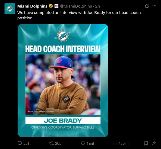 Miami confirma entrevista con Joe Brady | AP