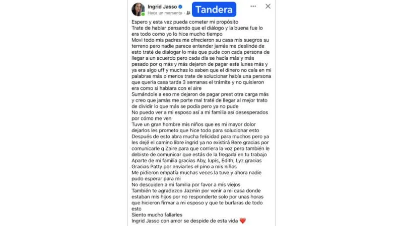 En redes circula un mensaje en donde la mujer señalada parece que se despide del mundo/Facebook: Ingrid Jaso