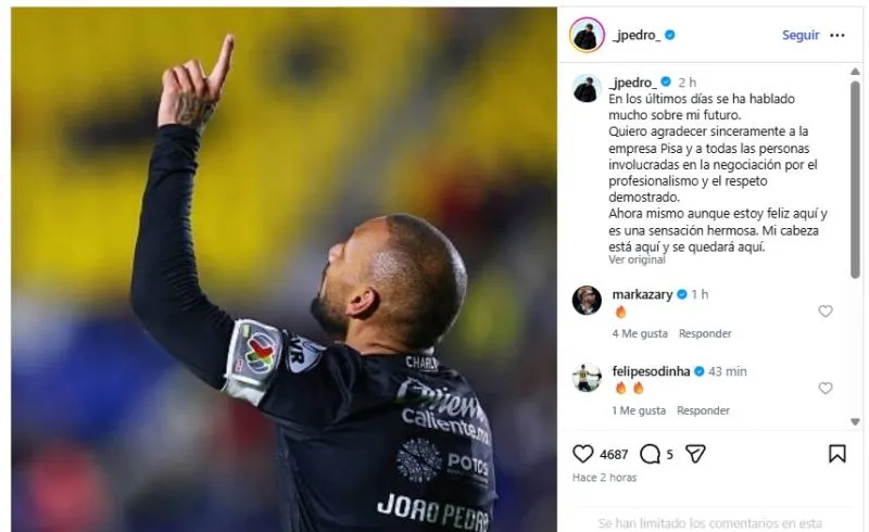El mensaje de Joao Pedro en Instagram