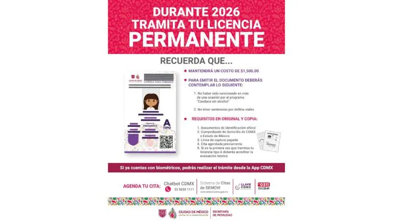 El costo de la licencia de conducir permanente es CDMX es de 1,500 pesos/Gobierno CDMX