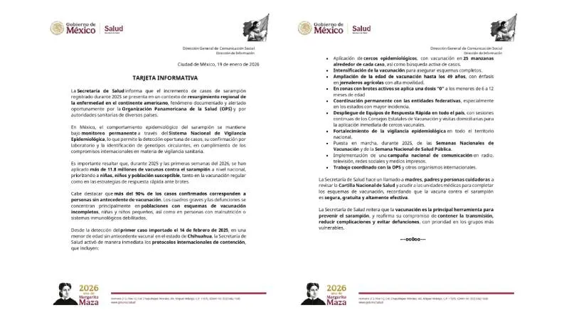 La Secretaría de Seguridad confirmó el aumento de casos de sarampión en el país/Gobierno de México