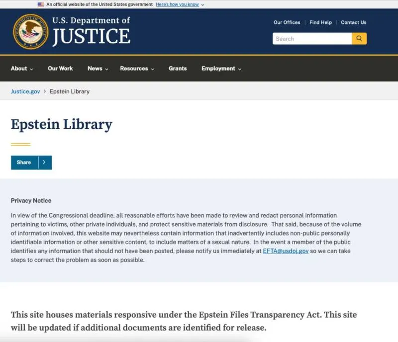 La Biblioteca Epstein en el sitio web del Departamento de Justicia de EE.UU. / Departamento de Justicia