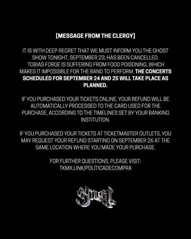 El vocalista Tobias Forge sufrió una intoxicación alimentaria y no pudo presentarse/FB: Ghost