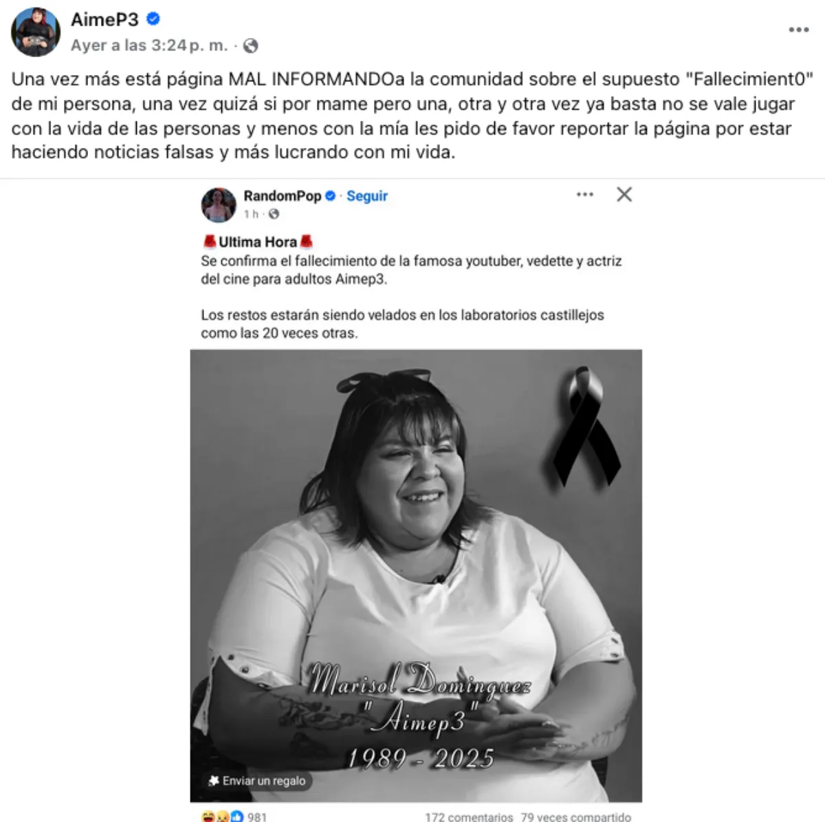 AimeP3 no se quedó callada ante las falsas noticias en su contra / FB: @AimeP3MarisolDominguez