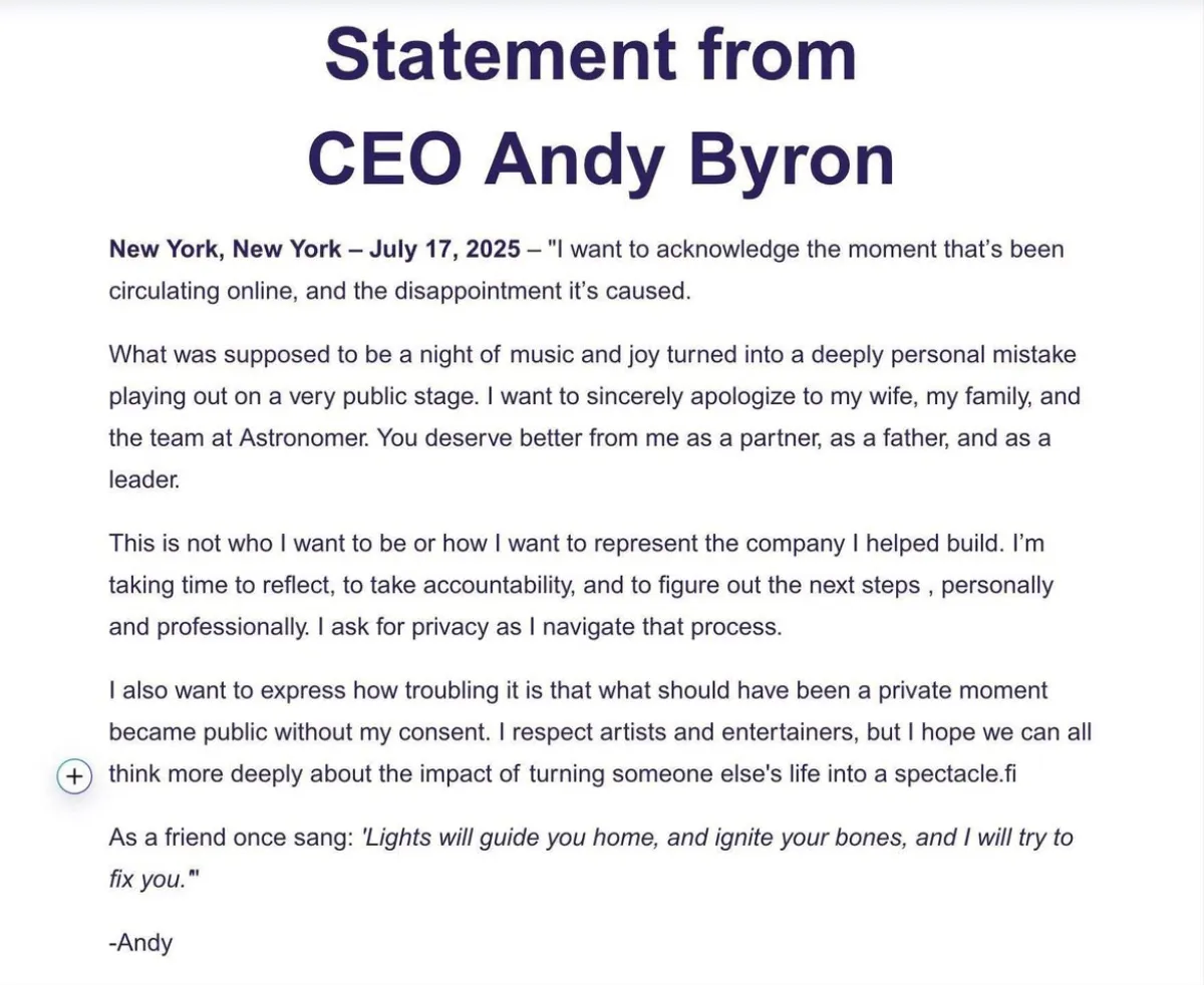 Este fue el supuesto comunicado de la disculpa de Andy Byron / Redes Sociales