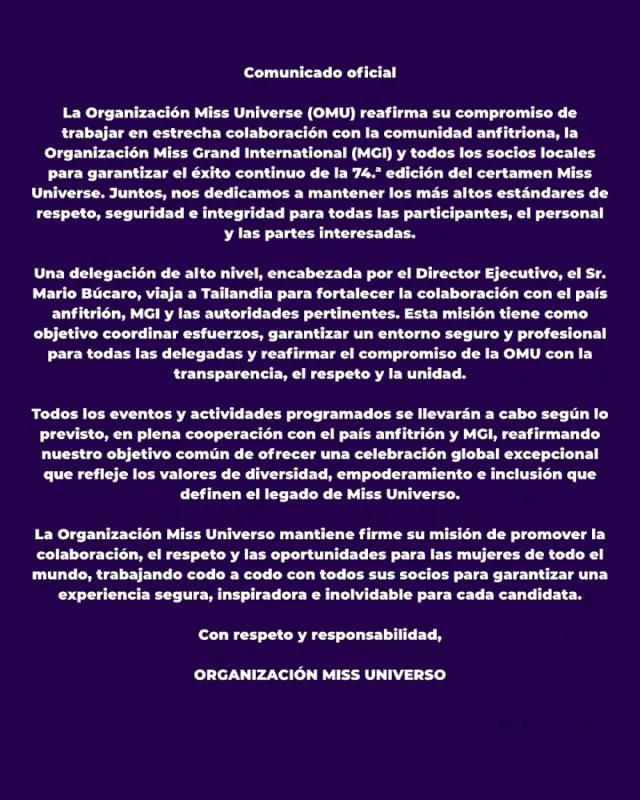 La organización de Miss Universo busca que el certamen continúe sin problemas / Redes Sociales