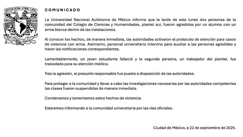 La UNAM confirmó el deceso y suspendió las clases en el CCH Sur/X