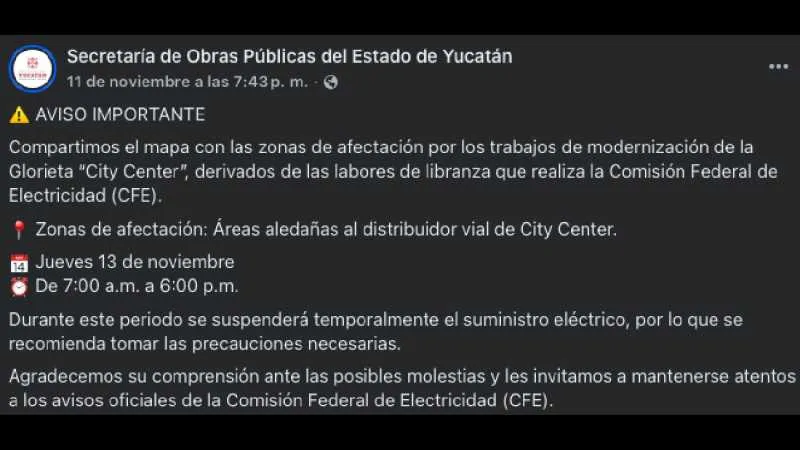 Obras Públicas del estado confirmó que el apagón durará al menos 11 horas/Gobierno Yucatán