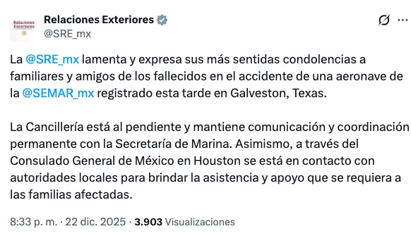 La Secretaría de Relaciones Exteriores informó que mantiene coordinación con la Semar y autoridades locales para apoyar a las familias afectadas./ Captura de pantalla
