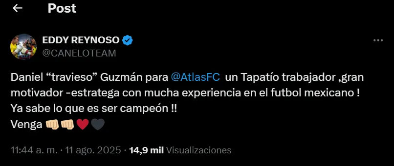 Eddy Reynoso quiere a Guzmán de regreso en el banquillo rojinegro