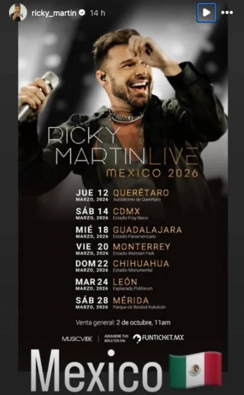 Ricky Martin anunció siete conciertos en México como parte de su gira Live 2026/IG: ricky_martin