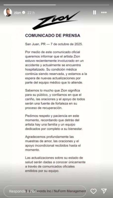 Comunicado del equipo de Zion en Instagram/@zion