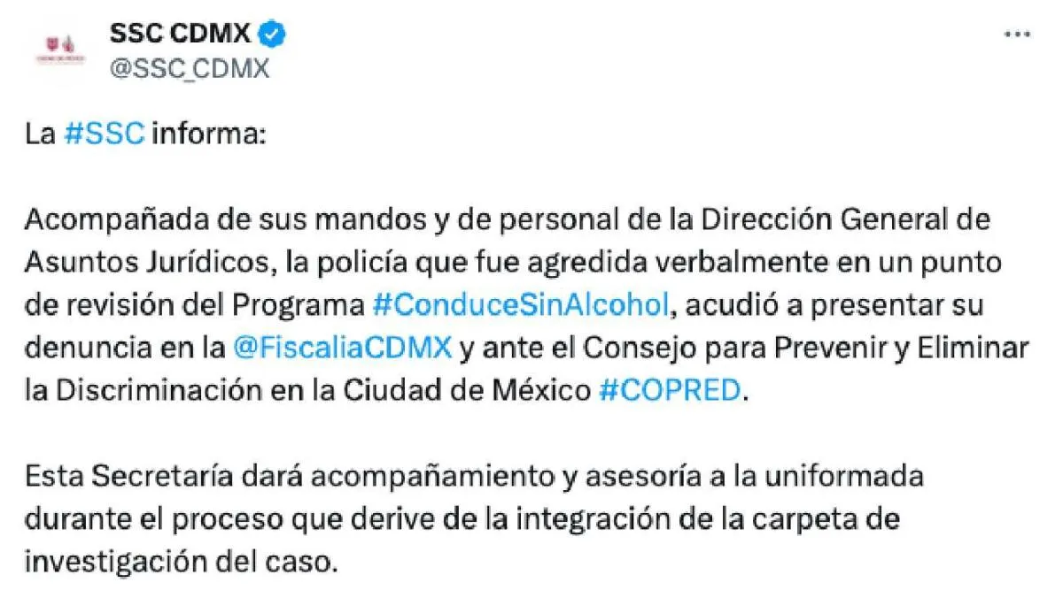 La SSC dio a conocer el respaldo a la oficial agredida/X