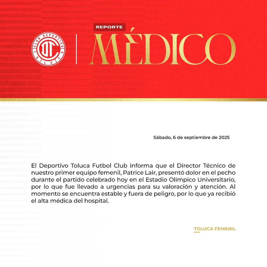 Toluca confirmó que el estratega está fuera de peligro