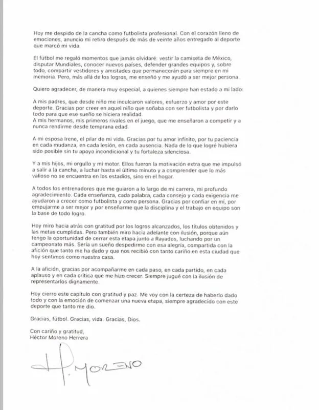 Carta de despedida de Héctor Moreno