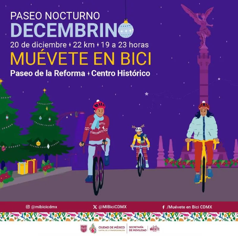 La Secretaría de Movilidad invita a las familias a disfrutar del recorrido nocturno de diciembre. / X@MIBiciCDMX