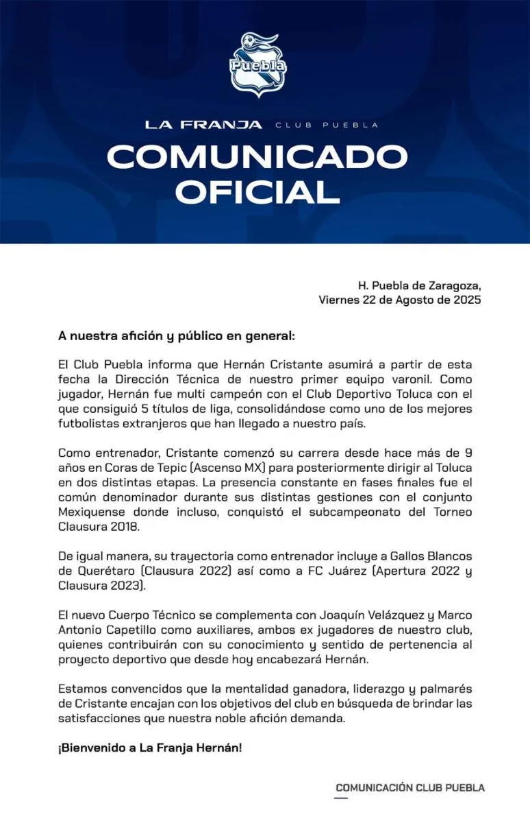 El comunicado completo | @ClubPueblaMX
