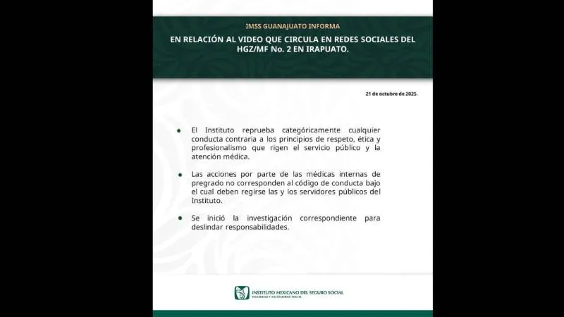 Comunicado oficial del IMSS Guanajuato. / X: @Tu_IMSSGto