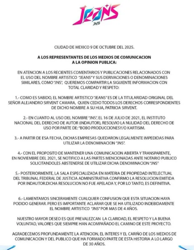 Debido al reclamo de Bobo Producciones, Jeans aclara los hechos / Redes Sociales