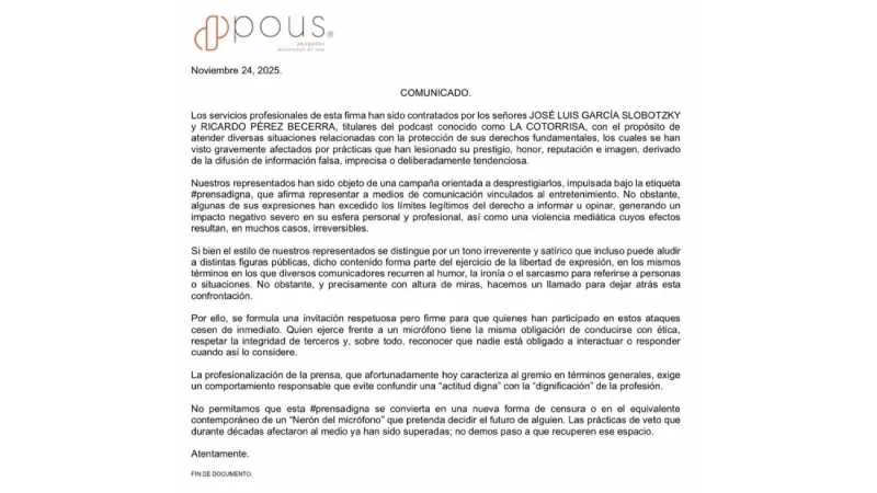 Este fue el comunicado publicado por la firma de abogados Pous/X