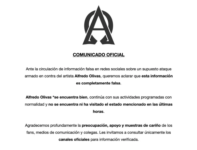 Alfredo Oliva desmiente que el cantante haya sufrido un atentado / FB: @AlfredoOlivasMusica