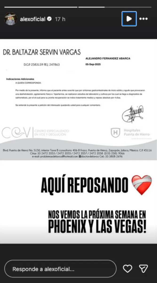 El Potrillo, por medio de sus redes, anunció su enfermedad / FB: @alejandrofernandezoficial