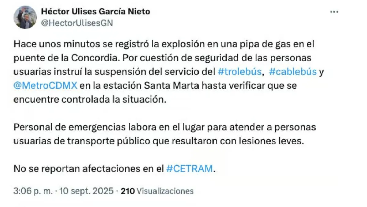 Héctor Ulises García Nieto, informó en redes sociales que, por seguridad de los usuarios, se ordenó la suspensión del servicio. / X