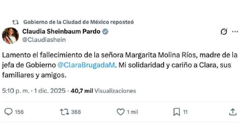 La presidenta Claudia Sheinbaum envió su pésame a Clara Brugada tras la muerte de su madre./ Captura de pantalla