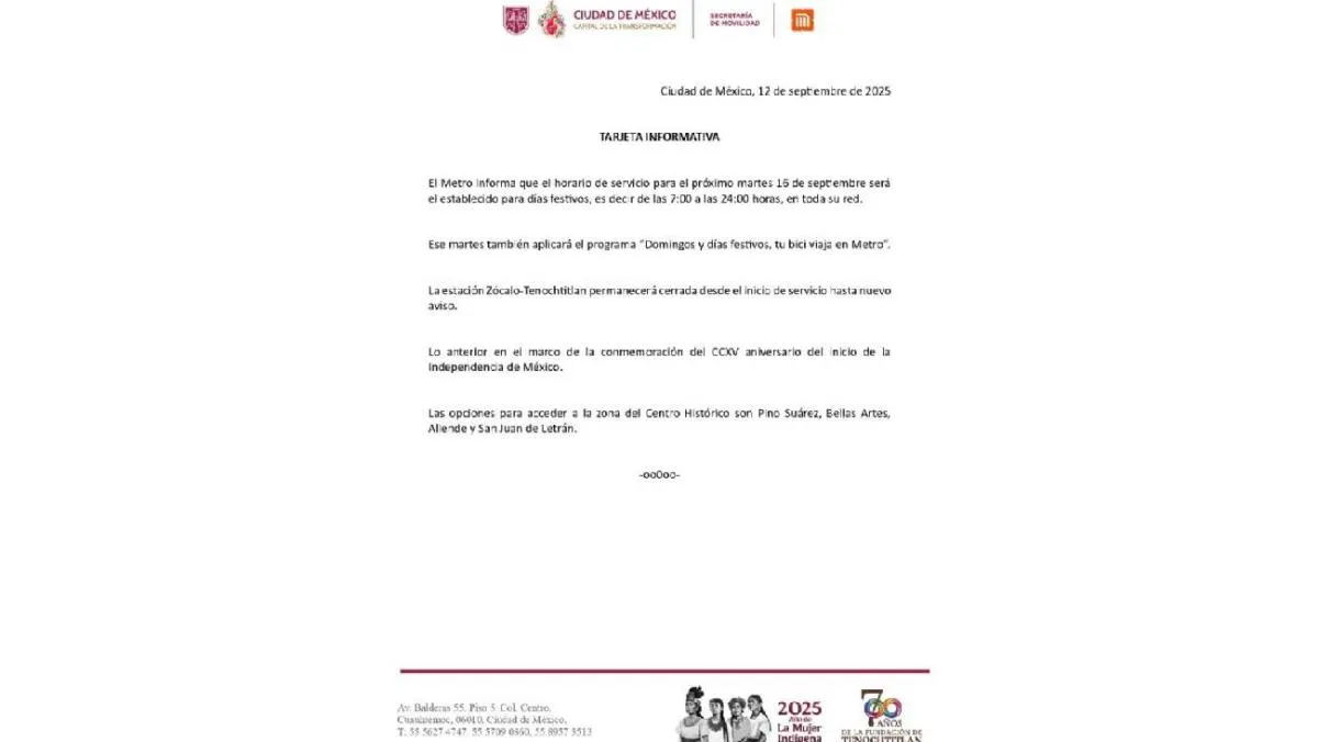 Con motivo del desfile militar del 16 de septiembre, la Ciudad de México aplicará ajustes en el servicio del Metro. / Metro CDMX
