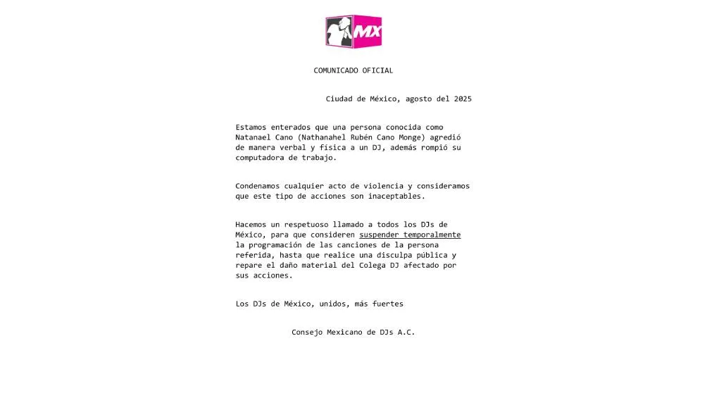 En el texto, calificaron el comportamiento del cantante como “inaceptable”. / Consejo Mexicano de DJs