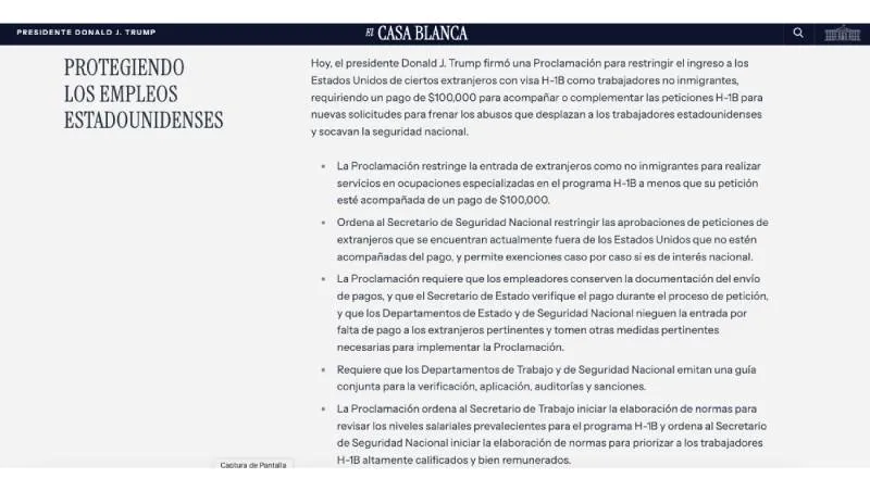 el gobierno estadounidense anunció la implementación de una tarifa de $100,000 para nuevas solicitudes de visa H-1B. / Captura de pantalla