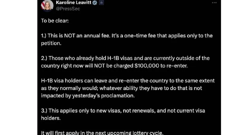 La administración estadounidense aclaró posteriormente que la tarifa no aplicaría para titulares actuales de la visa H-1B. / Captura de pantalla