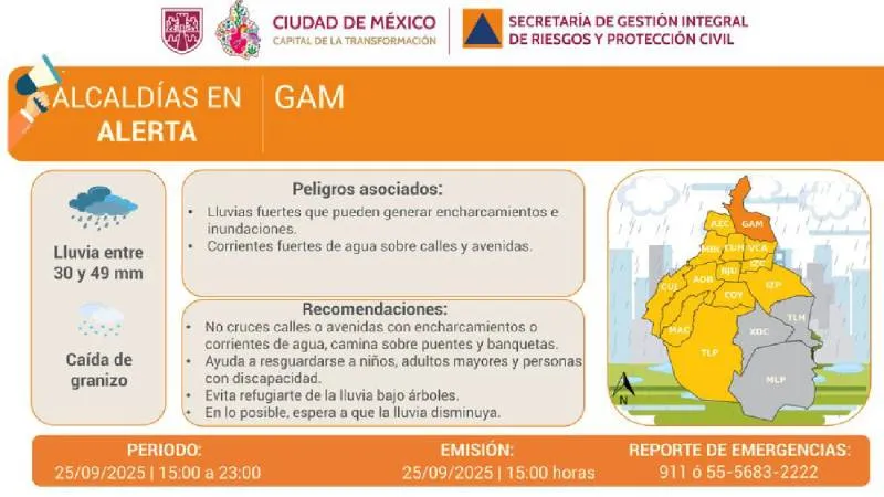 Las alcaldías en alerta naranja son Álvaro Obregón, Cuajimalpa, Magdalena Contreras y Tlalpan. / X: @SGIRPC_CDMX