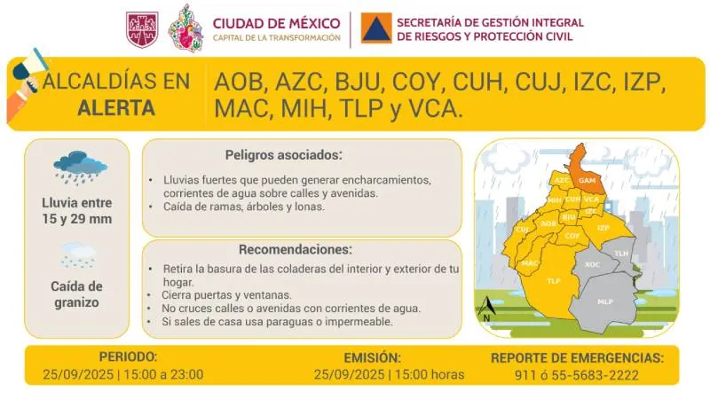 En alerta amarilla están Azcapotzalco, Benito Juárez, Coyoacán, Gustavo A. Madero. / X: @SGIRPC_CDMX
