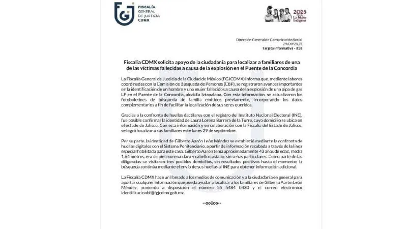 FGJCDMX) informó que ya se identificaron a las dos víctimas fatales de la explosión ocurrida en la alcaldía Iztapalapa./ FGJCDMX