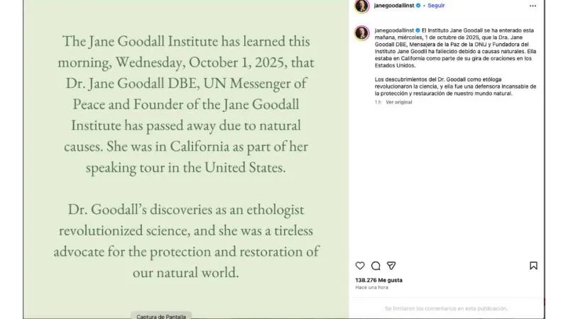 La noticia fue anunciada a través de las redes sociales del Instituto Jane Goodall. / Captura de pantalla