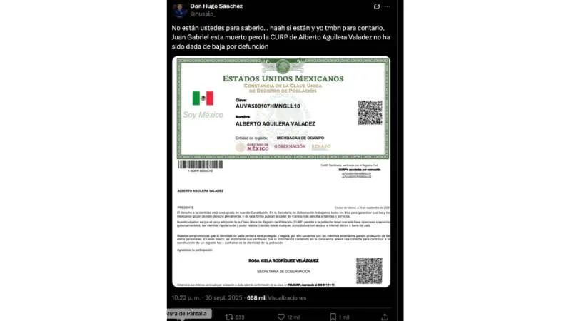 usuarios a consultar la base de datos oficial de la CURP, donde hallaron que el registro de Alberto Aguilera Valadez continúa vigente. / Captura de pantalla