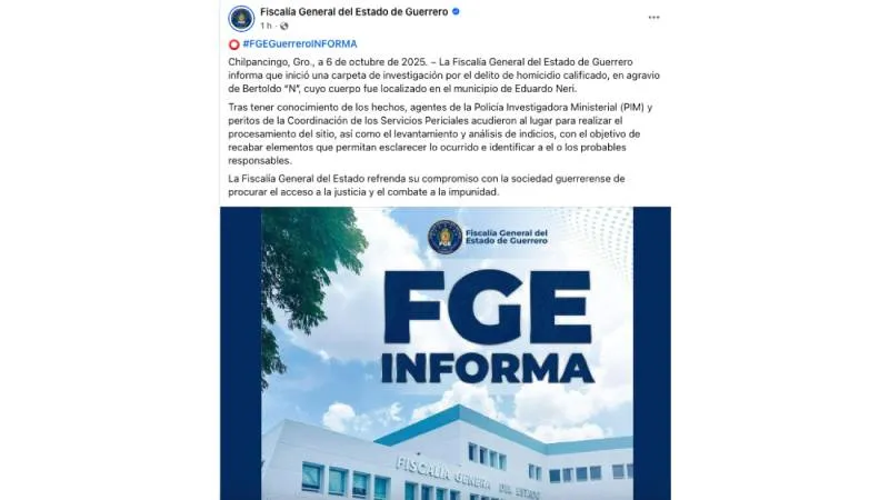 la Fiscalía de Guerrero informó que agentes ministeriales y peritos forenses realizan las diligencias correspondientes. / Captura de pantalla