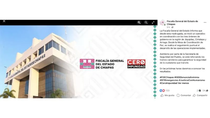 La Fiscalía General del Estado de Chiapas señaló que mantiene comunicación con las autoridades federales. / Captura de pantalla