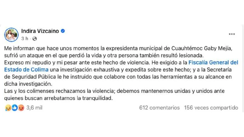 La gobernadora de Colima, Indira Vizcaíno, expresó su repudio ante el hecho . / Captura de pantalla