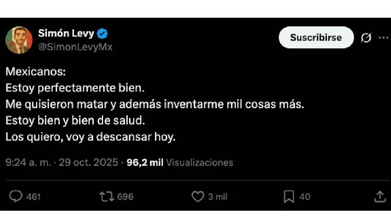 Simón Levy publicó un mensaje en X (antes Twitter) asegurando estar libre y “en buen estado de salud”./ Captura de pantalla