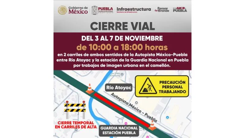 La autopista México-Puebla tendrá cierres parciales por obras de rehabilitación en el tramo de Volkswagen al Camino a Tlaxcala./ X