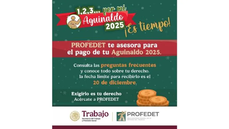 La Ley Federal del Trabajo establece que el pago debe realizarse a más tardar el 20 de diciembre de cada año./ Profedet